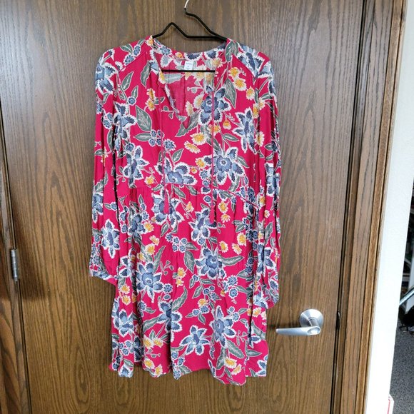 Old Navy Boho Chic Tassel Tie Red Blue Long Sleeve Fall Floral Dress Size Medium - Picture 2 of 14